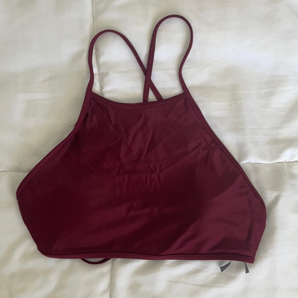 Dark red high neck criss cross back bikini top